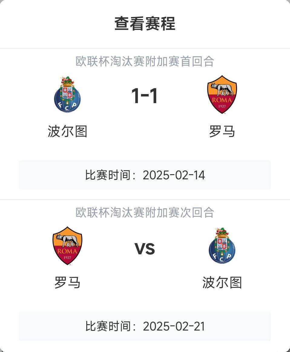 羅馬頂?shù)米幔恳饧讱W戰(zhàn)8隊3隊直通4隊出局，羅馬首回合1-1波爾圖