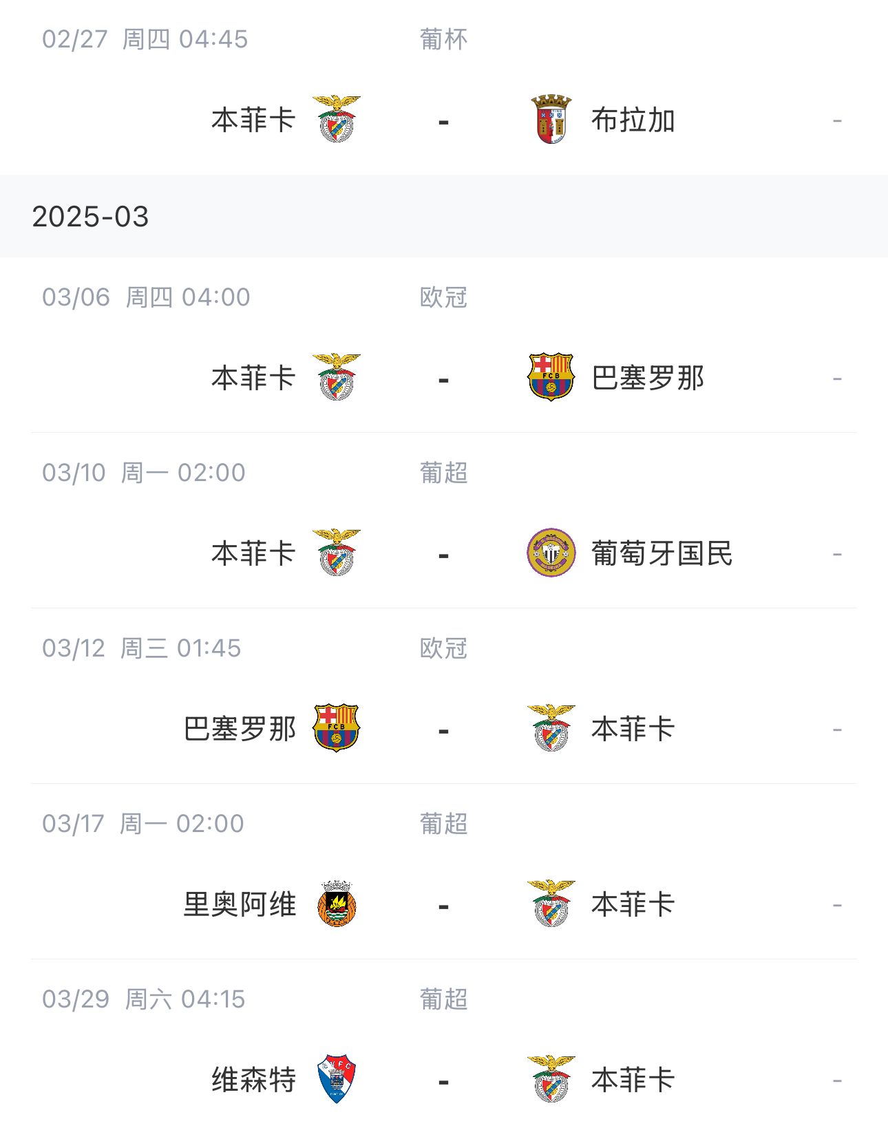  讓路歐冠！本菲卡戰(zhàn)巴薩首回合比賽前的葡超比賽推遲進(jìn)行