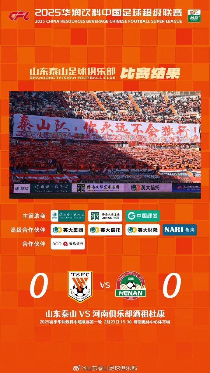  中超首戰(zhàn)，泰山隊(duì)雖未取勝，但全隊(duì)展現(xiàn)出了頑強(qiáng)的拼搏精神