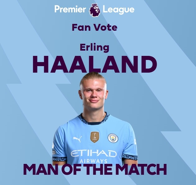  打進致勝球！英超官方：哈蘭德當(dāng)選曼城1-0熱刺全場最佳球員